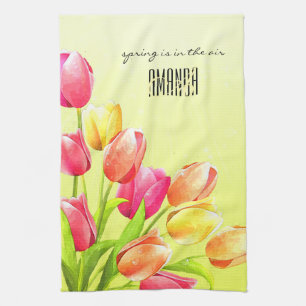 Waterverf Tulips Bouquet Monogram Theedoek
