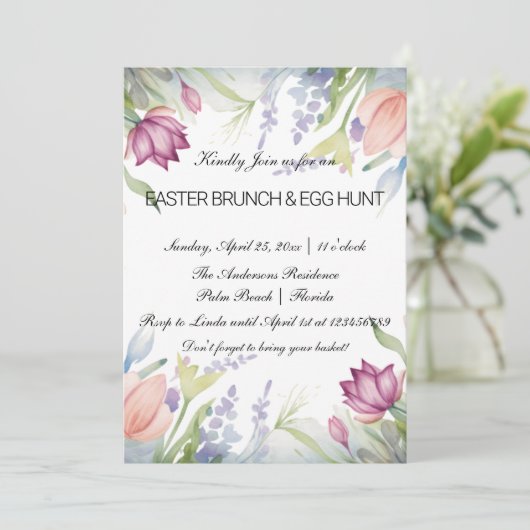 Waterverf Tulp Bloemen Pasen Brunch & Eierjacht Kaart (Staand voorkant)