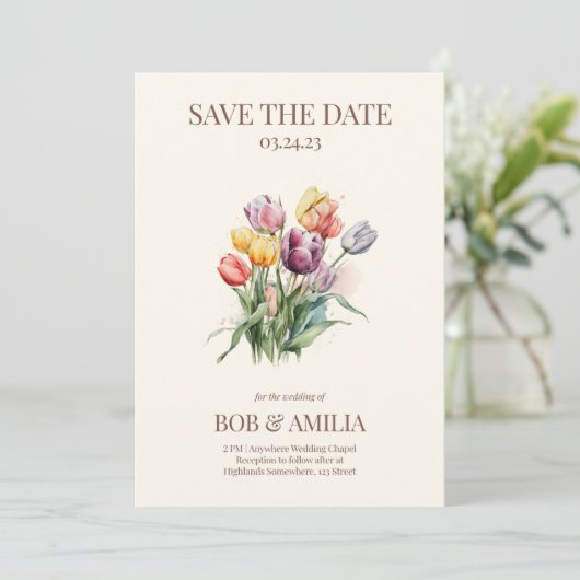 Waterverf Tulp Bloemen Rustieke Huwelijksuitnodigi Kaart (Staand voorkant)