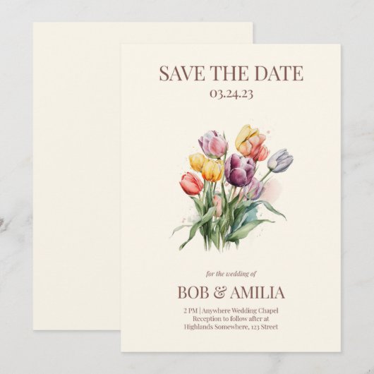 Waterverf Tulp Bloemen Rustieke Huwelijksuitnodigi Kaart (Voorkant / Achterkant)