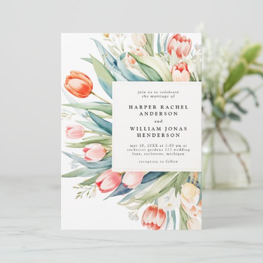 Waterverf tulp boeket bruiloft kaart (Staand voorkant)