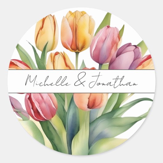Waterverf tulp monogram ronde sticker (Voorkant)