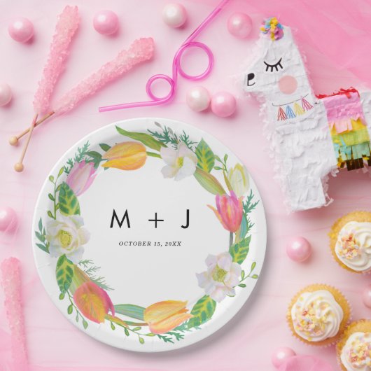 Waterverf Tulp Roze en Wit Huwelijk Proost Papieren Bordje (Feest)