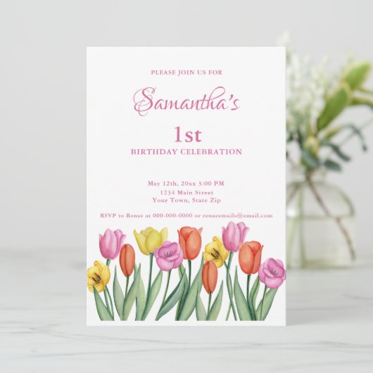 Waterverf tulpen 1e verjaardag kaart (Staand voorkant)