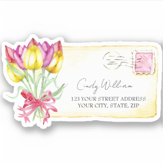  Waterverf Tulpen Briefkaart Stempel Adres Sticker (Voorkant)