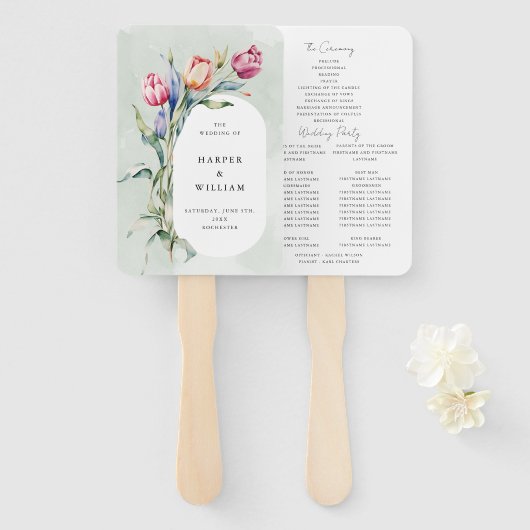 Waterverf tulpen bruiloft programma handwaaier (Voorkant en achterkant)