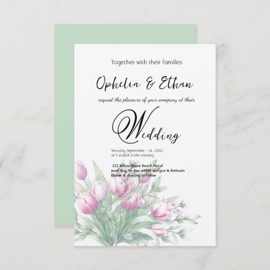 Waterverf tulpen, bruiloft uitnodiging (Voorkant / Achterkant)