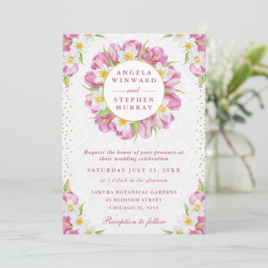 Waterverf Tulpen en narcissen krans bruiloft Kaart (Staand voorkant)