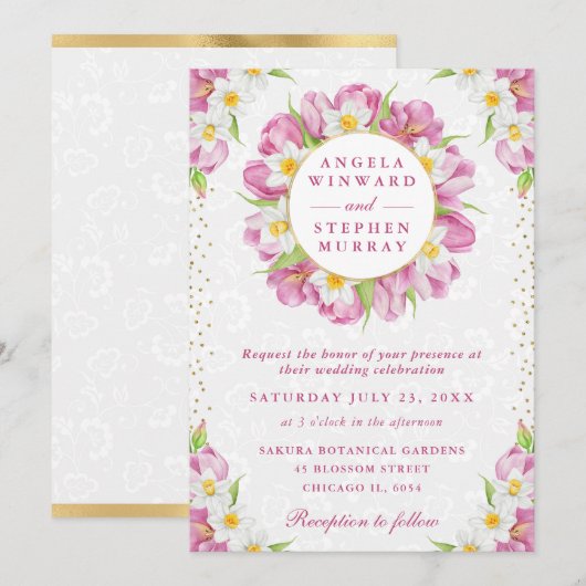 Waterverf Tulpen en narcissen krans bruiloft Kaart (Voorkant / Achterkant)