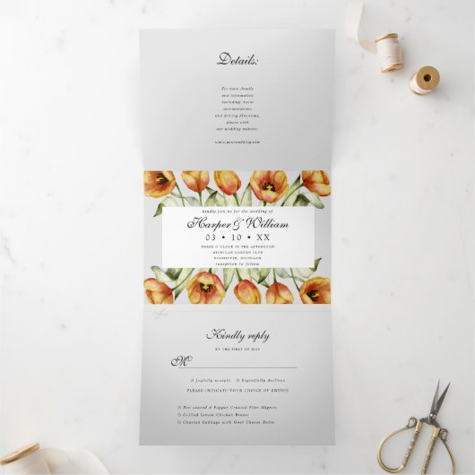 Waterverf tulpen in één keer drieluik uitnodiging (Binnen)