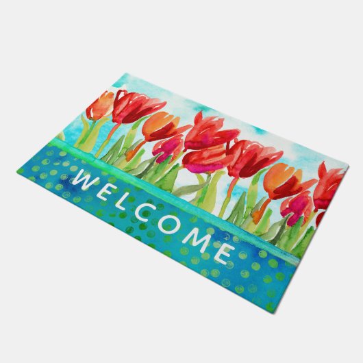 Waterverf Tulpen Red Aqua 24 x 36-inch deurmat (Schuin)