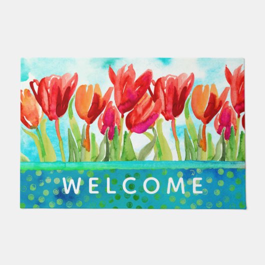 Waterverf Tulpen Red Aqua 24 x 36-inch deurmat (Voorkant)