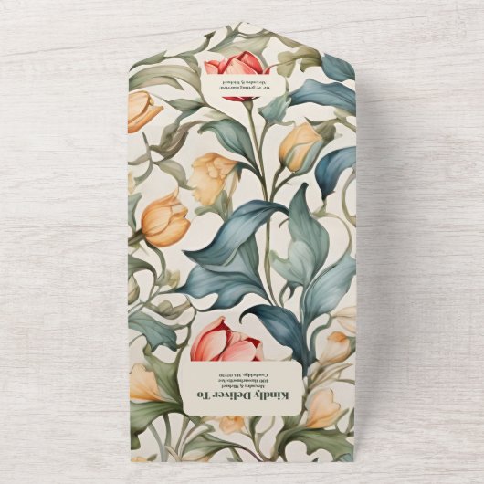 Waterverf Tulpen William Morris Bruiloft All In One Uitnodiging (Buitenkant)