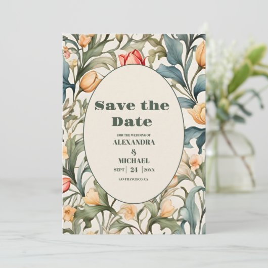 Waterverf Tulpen William Morris Bruiloft Save The Date (Staand voorkant)