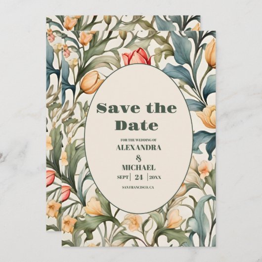 Waterverf Tulpen William Morris Bruiloft Save The Date (Voorkant / Achterkant)
