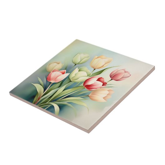 Waterverf Tulpentuin op Sage Green Tegeltje (Zijkant)