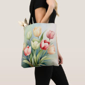 Waterverf Tulpentuin op Sage Green Tote Bag (Dichtbij)