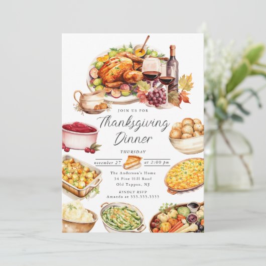 Waterverf Turkije & Kanten Thanksgiving Uitnodigin Kaart (Staand voorkant)