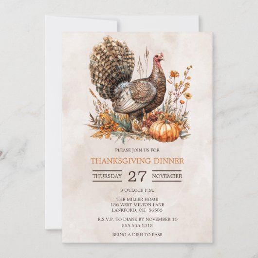 Waterverf Turkije Thanksgiving Dinner Kaart (Voorkant)