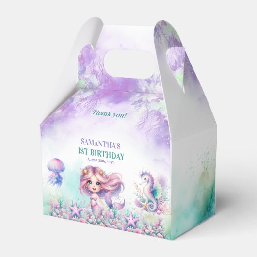 Waterverf turkoois en paarse zeemeermin verjaardag bedankdoosjes (Achterkant)