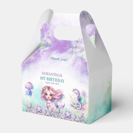 Waterverf turkoois en paarse zeemeermin verjaardag bedankdoosjes (Voorkant Zijde)