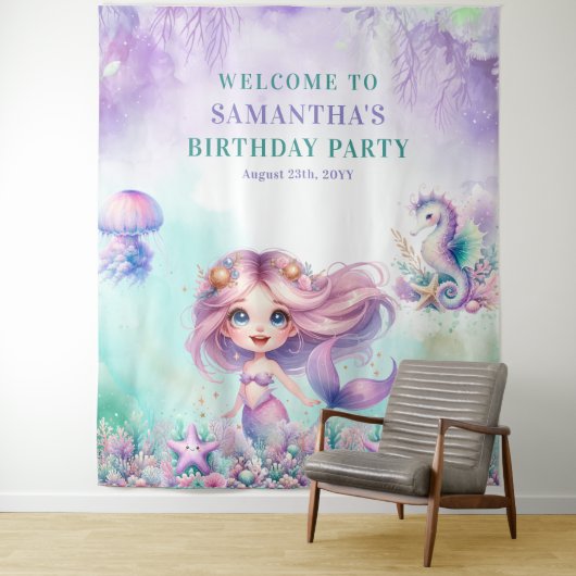 Waterverf turkoois en paarse zeemeermin verjaardag wandkleed (In situ)