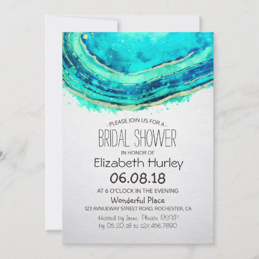 Waterverf Turkoois & Goud Agate Geode Bruidsfeest Kaart (Voorkant)