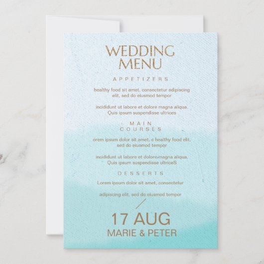 Waterverf | Turquoise Blauw Glitter Menu Bruiloft Kaart (Voorkant)