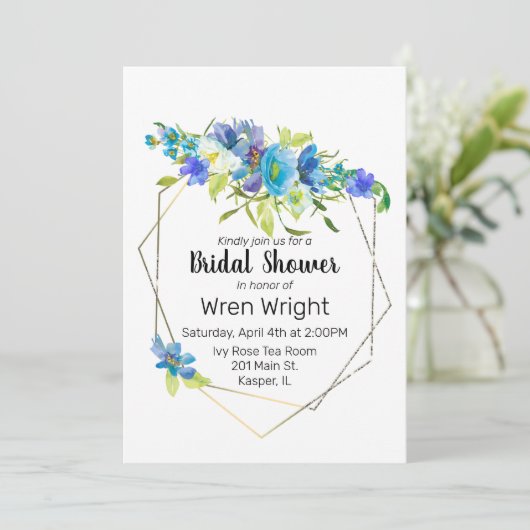 Waterverf Turquoise Blauw Paarse Bloemen Goud Lijs Kaart (Staand voorkant)