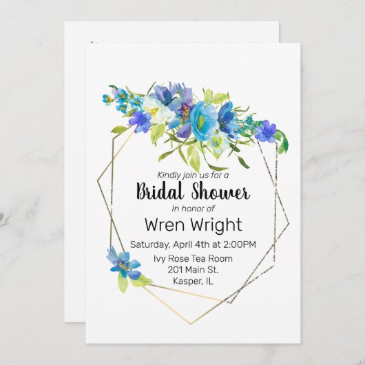 Waterverf Turquoise Blauw Paarse Bloemen Goud Lijs Kaart (Voorkant / Achterkant)