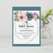 Waterverf Turquoise Blauw Paarse Bloemen Goud Lijs Kaart (Staand voorkant)