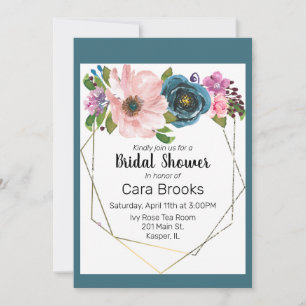Waterverf Turquoise Blauw Paarse Bloemen Goud Lijs Kaart