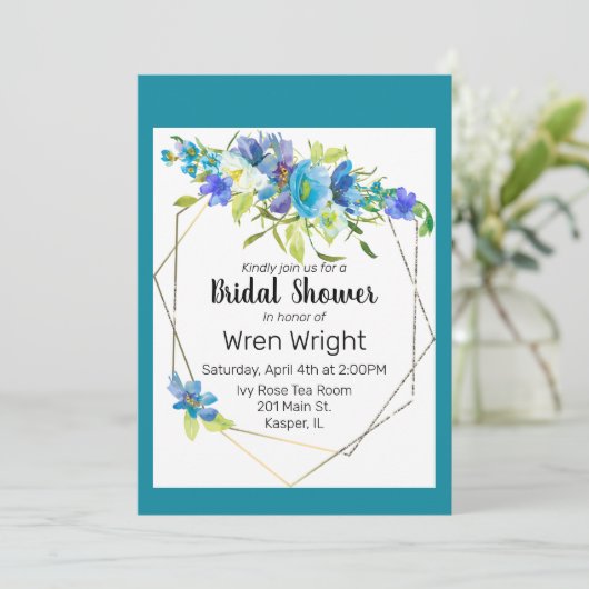 Waterverf Turquoise Blauw Paarse Bloemen Goud Lijs Kaart (Staand voorkant)