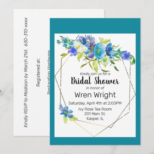 Waterverf Turquoise Blauw Paarse Bloemen Goud Lijs Kaart (Voorkant / Achterkant)