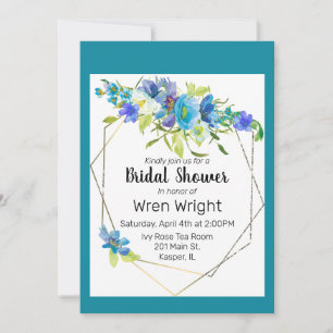 Waterverf Turquoise Blauw Paarse Bloemen Goud Lijs Kaart