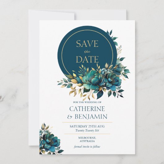 Waterverf turquoise bloem Save The Date Kaart (Voorkant)