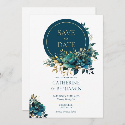 Waterverf turquoise bloem Save The Date Kaart (Voorkant / Achterkant)