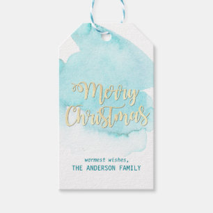 Waterverf Turquoise Blue Water Kerstmis Gold Cadeaulabel