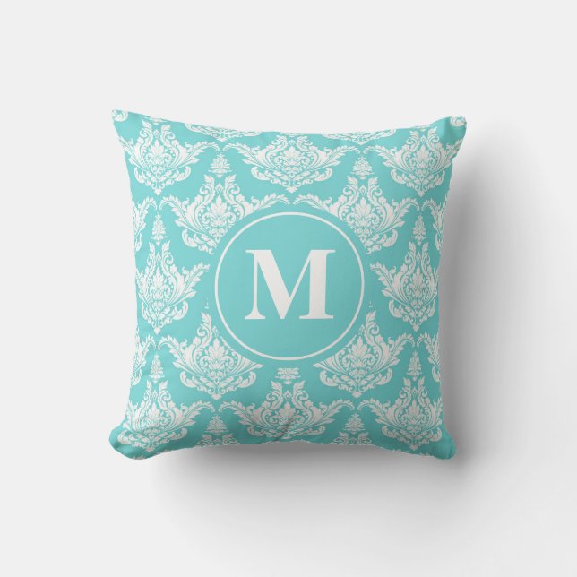  Waterverf Turquoise Damask Monogram Kussen (Voorkant)