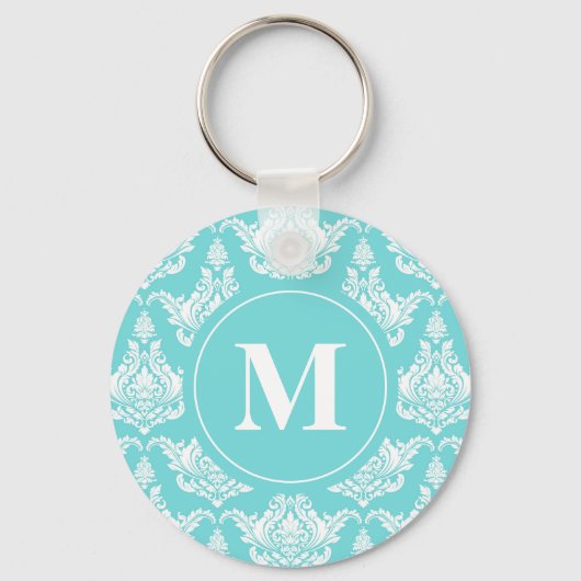 Waterverf Turquoise Damask Monogram Sleutelhanger (Voorkant)
