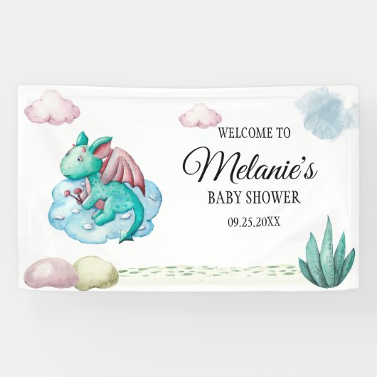 WATERVERF TURQUOISE DRAAK OP EEN CLOUD BABY SHOWER SPANDOEK (Horizontaal)