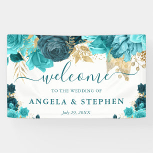 Waterverf Turquoise en Gouden Bloemen Bruiloft Spandoek