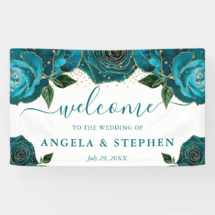 Waterverf Turquoise en Gouden Rozen Bruiloft Spandoek