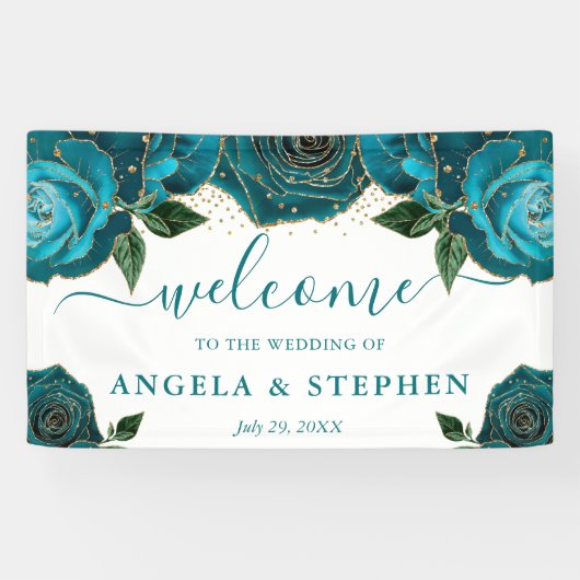 Waterverf Turquoise en Gouden Rozen Bruiloft Spandoek (Horizontaal)