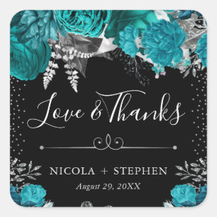 Waterverf Turquoise en Zilveren Bloemen Bruiloft Vierkante Sticker