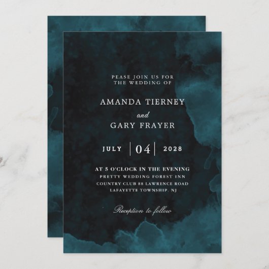 waterverf turquoise en zwarte bruiloft kaart (Voorkant / Achterkant)