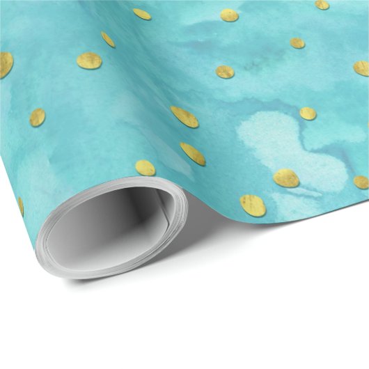 Waterverf Turquoise Faux Gold Polka Dots Gift Cadeaupapier (Rol Hoek)