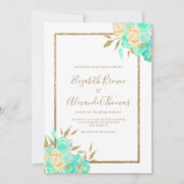 Waterverf turquoise gouden glitter bloemenbruiloft kaart (Voorkant)