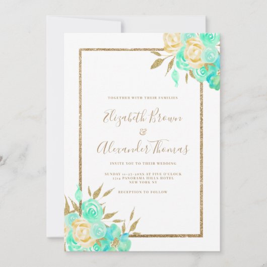Waterverf turquoise gouden glitter bloemenbruiloft kaart (Voorkant)