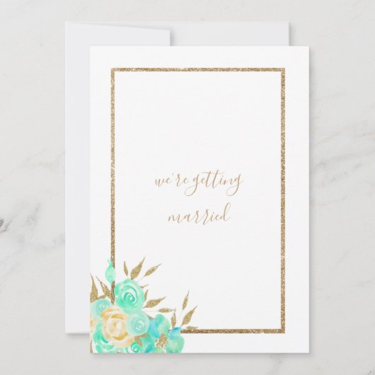 Waterverf turquoise gouden glitter bloemenbruiloft kaart (Achterkant)